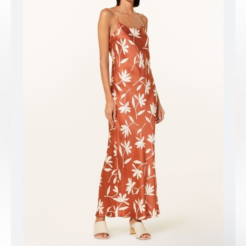 NWT Anine Bing Chloe Silk Satin Maxi Dress Tropical Leaf Print Terracotta Brown